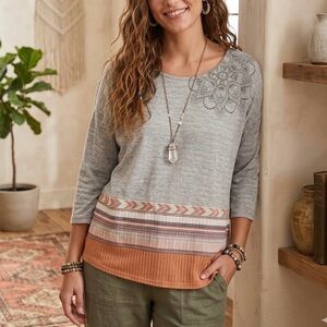 Tribal Mandala Mixed Media Top Boho Border Print 3/4 Sleeve Aztec Coral Peach
